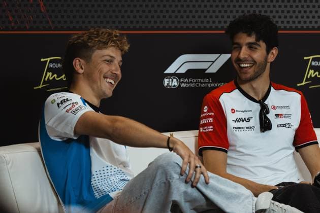 May 15, 2025, Imola, Bologna, Italy: ESTEBAN OCON (Haas) and LIAM LAWSON (Visa Cash App) at the drivers press conference, PK, Pressekonferenz at the Emilia-Romagna Grand Prix on media day Imola Italy - ZUMAr193 20250515_zsp_r193_060 Copyright: xSaraxRuffonix
