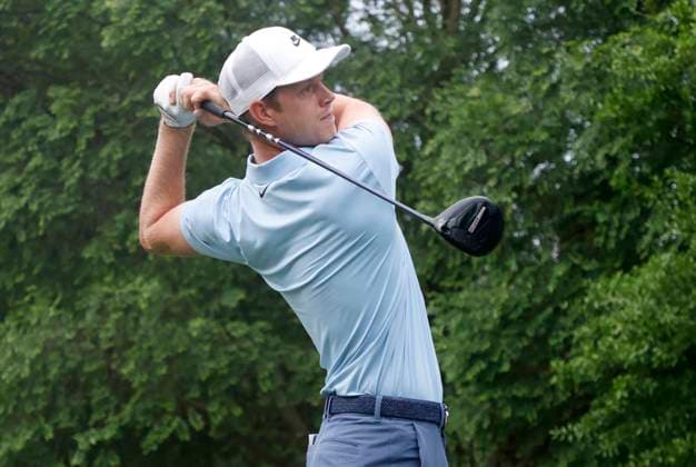 Cam Davis of Australia tees off on the 3rd hole during the second round of the 2025 PGA, Golf Herren Championship at the Quail Hollow Golf Club in Charlotte, North Carolina on Friday, May 16, 2025.  CHA20250516605 TANNENxMAURY