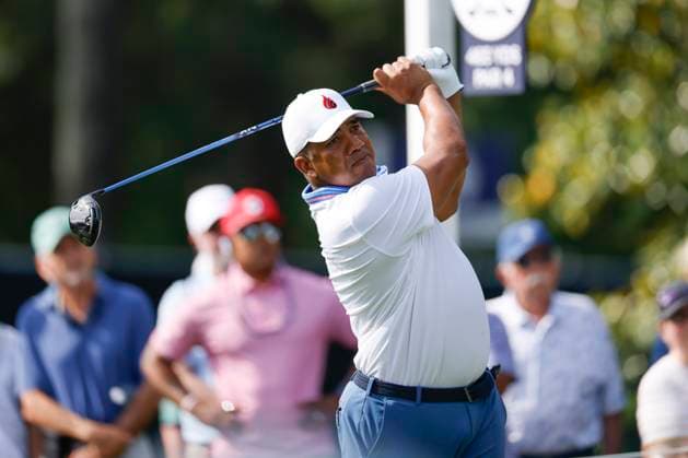 Jhonattan Vegas of Venezuela tees off on the 3rd hole during the second round of the 2025 PGA, Golf Herren Championship at the Quail Hollow Golf Club in Charlotte, North Carolina on Friday, May 16, 2025.  CHA20250516619 TANNENxMAURY