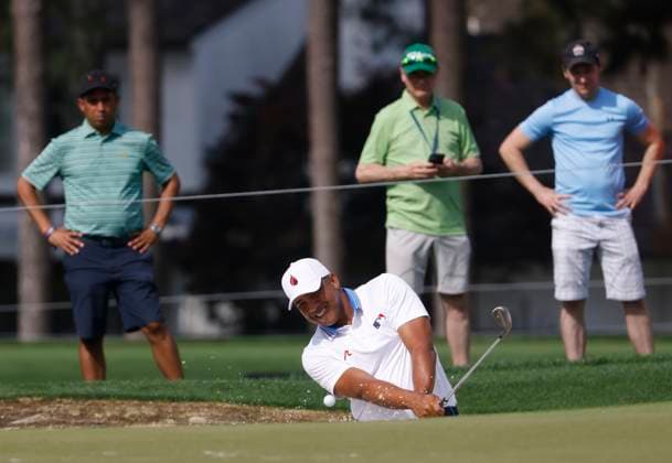 Jhonattan Vegas of Venezuela hits out of a bunker on the 3rd hole during the second round of the 2025 PGA, Golf Herren Championship at the Quail Hollow Golf Club in Charlotte, North Carolina on Friday, May 16, 2025.  CHA20250516621 TANNENxMAURY