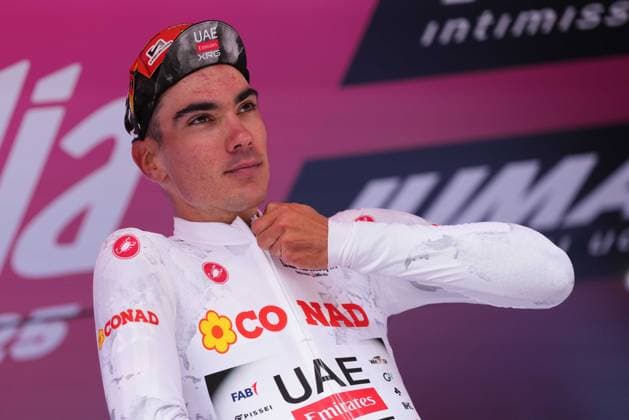 Ayuso Pesquera Juan of Uae Team Emirates Xrg winner of the stage on the podium during the stage 7 of the Giro d™Italia from Castel di Sangro to Tagliacozzo, Italy - Friday, May 16, 2025. - cycling.  Copyright: xGianxMattiaxD Alberto LaPressex