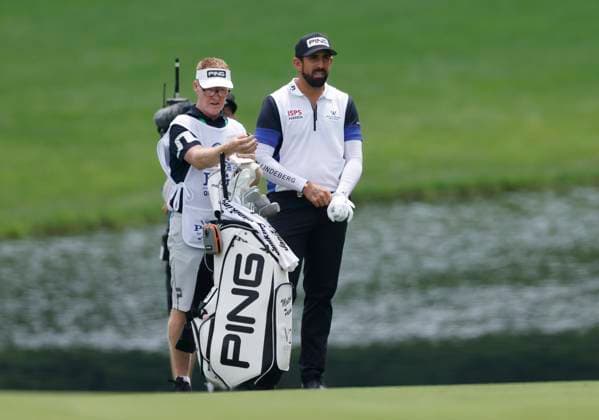 Matthieu Pavon of France looks at his shot on the 15th green during the second round of the 2025 PGA, Golf Herren Championship at the Quail Hollow Golf Club in Charlotte, North Carolina on Friday, May 16, 2025.  CHA20250516652 TANNENxMAURY