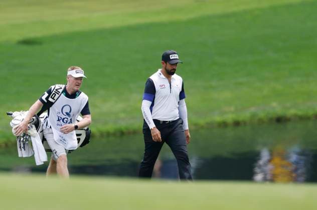 Matthieu Pavon of France walks onto the 15th green during the second round of the 2025 PGA, Golf Herren Championship at the Quail Hollow Golf Club in Charlotte, North Carolina on Friday, May 16, 2025.  CHA20250516655 TANNENxMAURY