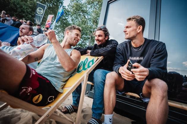 Beachvolleyball Männer Allianz German Beach Tour 2025 Tourstop Düsseldorf 16.05.2025 v.l. Eric Stadie-Seeber, Jannik Kühlborn und Daniel Kirchner Düsseldorf Robert-Lehr-Ufer Nordrhein-Westfalen Deutschland