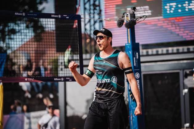 Beachvolleyball Männer Allianz German Beach Tour 2025 Tourstop Düsseldorf 16.05.2025 Nils Ehlers jubelt Düsseldorf Robert-Lehr-Ufer Nordrhein-Westfalen Deutschland