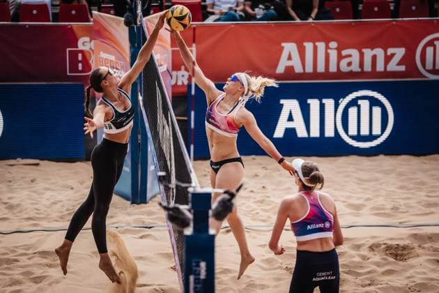 Beachvolleyball Frauen Allianz German Beach Tour 2025 Tourstop Düsseldorf 16.05.2025 v.l. Elea Beutel gegen Anna Behlen Düsseldorf Robert-Lehr-Ufer Nordrhein-Westfalen Deutschland
