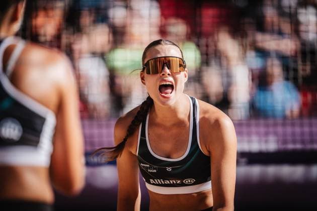 Beachvolleyball Frauen Allianz German Beach Tour 2025 Tourstop Düsseldorf 16.05.2025 Elea Beutel jubelt Düsseldorf Robert-Lehr-Ufer Nordrhein-Westfalen Deutschland