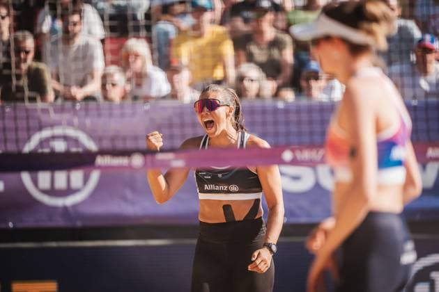 Beachvolleyball Frauen Allianz German Beach Tour 2025 Tourstop Düsseldorf 16.05.2025 Leonie Klinke jubelt Düsseldorf Robert-Lehr-Ufer Nordrhein-Westfalen Deutschland