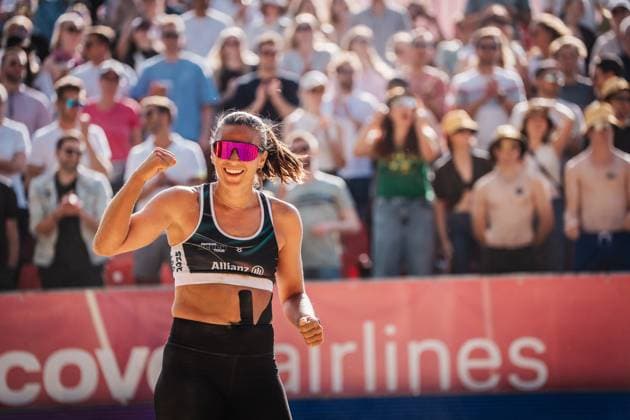 Beachvolleyball Frauen Allianz German Beach Tour 2025 Tourstop Düsseldorf 16.05.2025 Leonie Klinke jubelt Düsseldorf Robert-Lehr-Ufer Nordrhein-Westfalen Deutschland