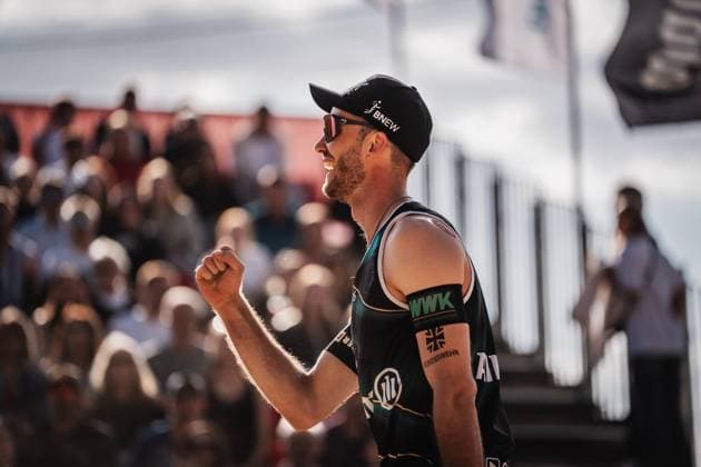 Beachvolleyball Männer Allianz German Beach Tour 2025 Tourstop Düsseldorf 16.05.2025 Clemens Wickler jubelt Düsseldorf Robert-Lehr-Ufer Nordrhein-Westfalen Deutschland