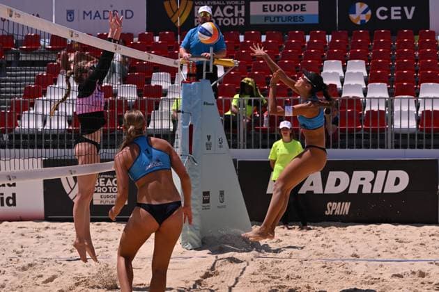 May 16, 2025, Madrid, Madrid, Spain: 2 SOFIA GONZALEZ (ESP) and 1 KRIZANAUSKAITE (LTU) competes during the Beach Pro Tour Futures Madrid 2025 between SPAIN and GERMANY at Parque Deportivo Puerta de Hierro on may 16, 2025 in Madrid, Spain. Madrid Spain - ZUMAc312 20250516_zsp_c312_164 Copyright: xOscarxManuelxSanchezx