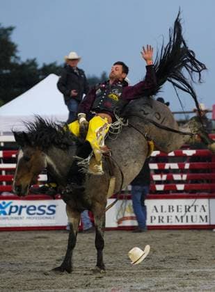 (250517) -- SURREY, May 17, 2025 -- A rider competes in the bareback riding competition at the Cloverdale Rodeo and Country Fair in Surrey, British Columbia, Canada, May 16, 2025. As one of the largest rodeos in Canada, the annual Cloverdale Rodeo and Country Fair kicked off here on Friday. (Photo by Xinhua) (SP)CANADA-SURREY-CLOVERDALE RODEO LiangxSen 