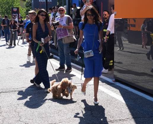 17.05.2025, Autodromo Enzo e Dino Ferrari, Imola, Formel 1 Grand Prix Emilia Romagna 2025 ,im Bild Francisca Cerqueira Gomes (L), Freundin von Pierre Gasly (FRA), BWT Alpine F1 Team mit Hund Simba, Alexandra Saint Mleux (R), Freundin von Charles Leclerc (MCO), Scuderia Ferrari HP mit Hund Leo. (Photo by Hasan Bratic DeFodi Images)