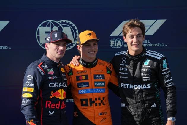 Formel 1 Grand Prix Emilia Romagna 2025 17.05.2025, Autodromo Enzo e Dino Ferrari, Imola, Formel 1 Grand Prix Emilia Romagna 2025 ,im Bild Poleposition für Oscar Piastri (AUS), McLaren F1 Team, 2.Startplatz für Max Verstappen (NLD), Oracle Red Bull Racing, 3.Startplatz für George Russell (GBR), Mercedes-AMG Petronas Formula One Team.