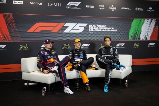 F1 - EMILIA ROMAGNA GRAND PRIX 2025 VERSTAPPEN Max (ned), Red Bull Racing RB21, portrait PIASTRI Oscar (aus), McLaren F1 Team MCL39, portrait RUSSELL George (gbr), Mercedes AMG F1 Team W16, portrait press conference, PK, Pressekonferenz during the Formula 1 AWS Gran Premio del Made in Italy e Dell™Emilia-Romagna 2025, Emilia Romagna Grand Prix 2025, 7th round of the 2025 FIA Formula One World Championship, WM, Weltmeisterschaft from May 16 to 18, 2025 on the Autodromo Internazionale Enzo e Dino Ferrari, in Imola, Italy - ImolaItaly  Copyright: xJavierxJimenezx