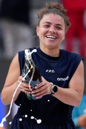 Jasmine Paolini of Italy sprays sparkling wine as she celebrates after winning the final of the Internazionali BNL d Italia 2025 tennis tournament against Coco Gauff of United States of America at Foro Italico in Rome, Italy on May 17, 2025. Jasmine Paolini won 6-4, 6-2. AntoniettaxBaldassarre