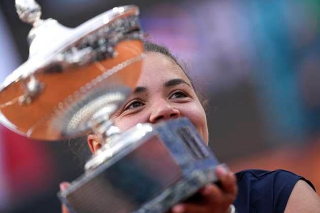 Jasmine Paolini of Italy lifts the trophy as she celebrates after winning the final of the Internazionali BNL d Italia 2025 tennis tournament against Coco Gauff of United States of America at Foro Italico in Rome, Italy on May 17, 2025. Jasmine Paolini won 6-4, 6-2. AntoniettaxBaldassarre