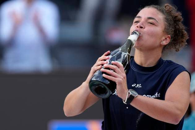 Jasmine Paolini of Italy drinks sparkling wine as she celebrates after winning the final of the Internazionali BNL d Italia 2025 tennis tournament against Coco Gauff of United States of America at Foro Italico in Rome, Italy on May 17, 2025. Jasmine Paolini won 6-4, 6-2. AntoniettaxBaldassarre