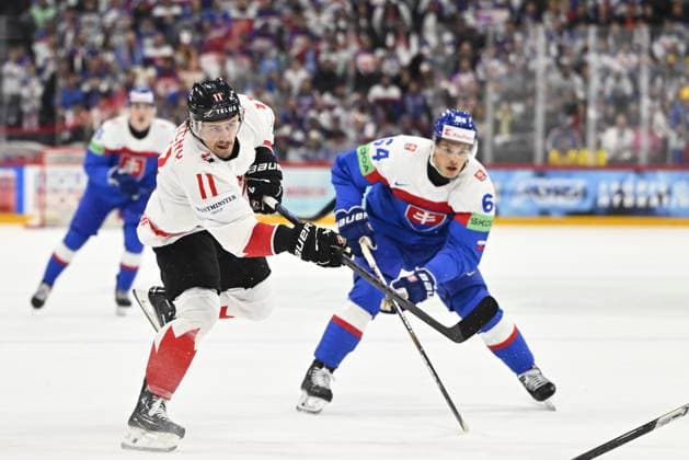 STOCKHOLM, SWEDEN 20250517 Canada s Travis Konecny and Slovakia s Patrik Koch during the IIHF Ice hockey, Eishockey World Championship, WM, Weltmeisterschaft group A match between Canada and Slovakia at Avicii Arena in Stockholm, Sweden, on May 17, 2025. STOCKHOLM SWEDEN x10040x
