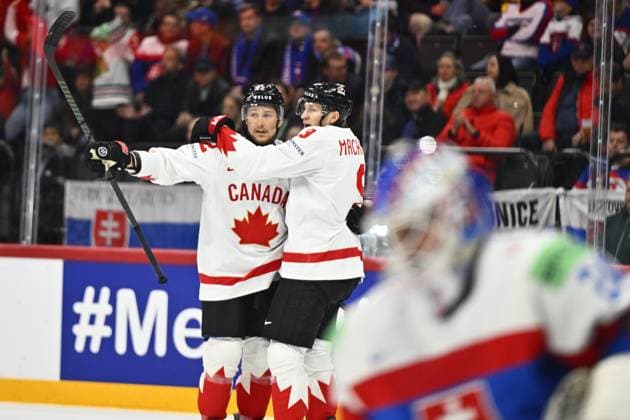 Sport Bilder des Tages STOCKHOLM, SWEDEN 20250517 Canada s Brandon Montour scores 1-0 and celebrates with Canada s Nate MacKinnon during the IIHF Ice hockey, Eishockey World Championship, WM, Weltmeisterschaft group A match between Canada and Slovakia at Avicii Arena in Stockholm, Sweden, on May 17, 2025. STOCKHOLM SWEDEN x10040x