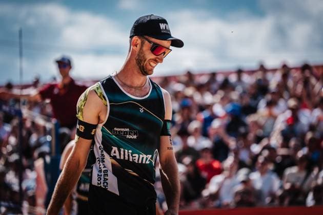 Beachvolleyball Männer Allianz German Beach Tour 2025 Tourstop Düsseldorf 17.05.2025 Clemens Wickler freut sich Düsseldorf Robert-Lehr-Ufer Nordrhein-Westfalen Deutschland