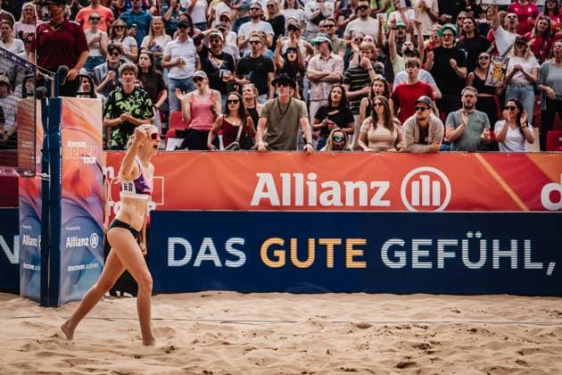 Beachvolleyball Frauen Allianz German Beach Tour 2025 Tourstop Düsseldorf 17.05.2025 Nele Barber jubelt Düsseldorf Robert-Lehr-Ufer Nordrhein-Westfalen Deutschland