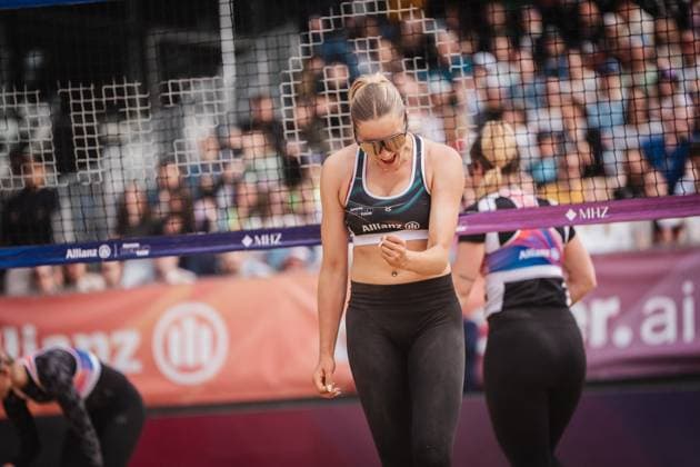 Beachvolleyball Frauen Allianz German Beach Tour 2025 Tourstop Düsseldorf 17.05.2025 Anna-Chiara Reformat jubelt Düsseldorf Robert-Lehr-Ufer Nordrhein-Westfalen Deutschland