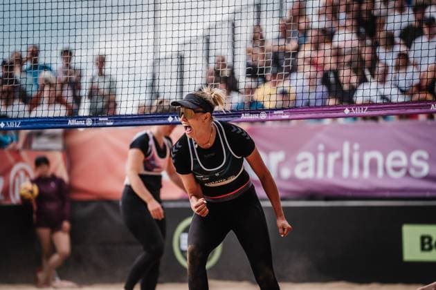 Beachvolleyball Frauen Allianz German Beach Tour 2025 Tourstop Düsseldorf 17.05.2025 Chenoa Christ jubelt Düsseldorf Robert-Lehr-Ufer Nordrhein-Westfalen Deutschland
