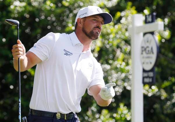 Bryson DeCambeau watches his tee shot on the 14th hole during the third round of the 2025 PGA, Golf Herren Championship at the Quail Hollow Golf Club in Charlotte, North Carolina on Saturday, May 17, 2025.  CHA20250517650 TANNENxMAURY