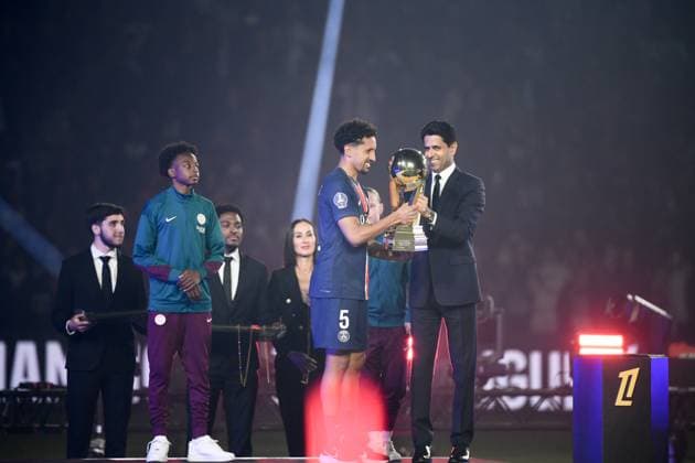 Paris Saint-Germain v AJ Auxerre - Ligue 1 McDonald s 2024 2025 Nasser AL KHELAIFI (President PSG) - 05 MARQUINHOS (psg) during the Ligue 1 McDonald s match between Paris and Auxerre on May 17, 2025 at Parc des Princes in Paris, France. Paris France  Copyright: xFEPx 776322132