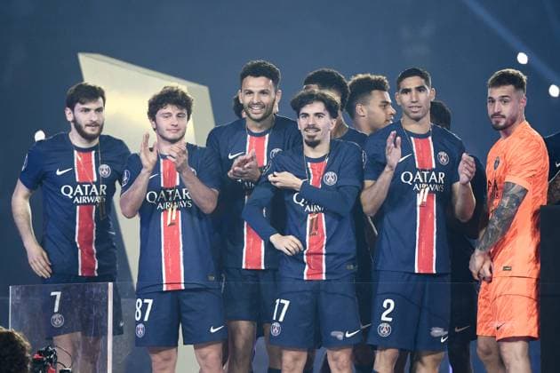 Paris Saint-Germain v AJ Auxerre - Ligue 1 McDonald s 2024 2025 07 Khvicha KVARATSKHELIA (psg) - 87 Joao NEVES (psg) - 09 Goncalo MATIAS RAMOS (psg) - 17 VITINHA (psg) - 14 Desire DOUE (psg) - 02 Achraf HAKIMI (psg) - 80 Arnau TENAS (psg) during the Ligue 1 McDonald s match between Paris and Auxerre on May 17, 2025 at Parc des Princes in Paris, France. Paris France  Copyright: xFEPx 776322132