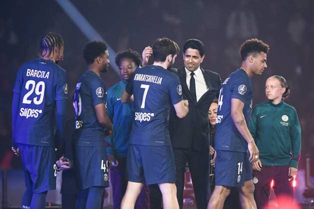 Paris Saint-Germain v AJ Auxerre - Ligue 1 McDonald s 2024 2025 14 Desire DOUE (psg) - Nasser AL KHELAIFI (President PSG) during the Ligue 1 McDonald s match between Paris and Auxerre on May 17, 2025 at Parc des Princes in Paris, France. Paris France  Copyright: xFEPx 776322132