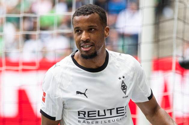 Alassane Plea (Borussia Mönchengladbach, 14). Mönchengladbach, Fussball 1.Bundesliga 34. Spieltag, Spieltag 34, Borussia Mönchengladbach - VfL Wolfsburg, 17.05.2025, Borussia-Park, Mönchengladbach. DFL regulations prohibit any use of photographs as image sequences and or quasi-video Â