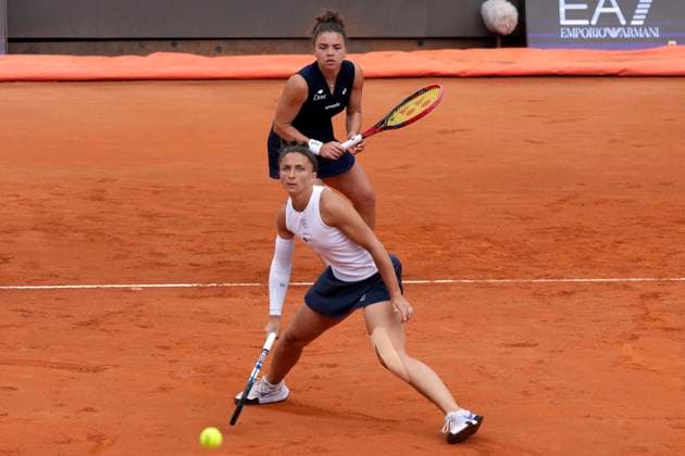 Jasmine Paolini and Sara Errani of Italy during the women double final of the Internazionali BNL d Italia 2025 tennis tournament against Veronika Kudermetova of Russia and Elise Mertens of Belgium at Foro Italico in Rome, Italy on May 18, 2025. Jasmine Paolini and Sara Erran won 6-4, 7-5. AntoniettaxBaldassarre
