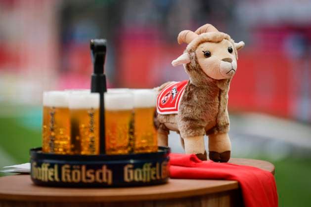 2. Fußball-Bundesliga, 1. FC Köln - 1. FC Kaiserslautern, 18.05.2025 Gibt es für den FC etwas zu feiern? Ein Kölsch-Kranz neben einer Geißbock Plüsch-Figur; 34. Spieltag der 2. Fußball-Bundesliga, 1. Fußball-Bundesliga, 1. FC Köln - 1. FC Kaiserslautern am 18.05.2025 im RheinEnergie-Stadion in Köln. DIE DFL-VORSCHRIFTEN VERBIETEN JEDE VERWENDUNG VON FOTOS ALS BILDSEQUENZEN UND ODER QUASI-VIDEO.