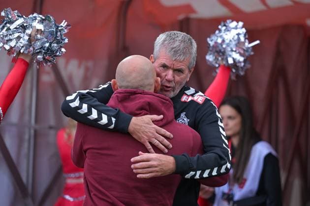 18.05.2025, Fussball, 2. Bundesliga, 34. Spieltag Saison 2024 2025, 1. FC Köln - 1. FC Kaiserslautern, Trainer Torsten Lieberknecht (1. FC Kaiserslautern), Trainer Friedhelm Funkel (1. FC Köln) xRHR-FOTO TKx