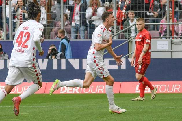 Eric Martel (Koeln 6) jubelt nach dem Tor zum 1:0 18.05.2025 Fussball 1. FC Koeln vs 1. FC Kaiserslautern, Rheinenergiestadion, Koeln, DFB DFL REGULATIONS PROHIBIT ANY USE OF PHOTOGRAPHS AS IMAGE SEQUENCES AND OR QUASI-VIDEO