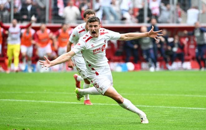 Fussball, Bundesliga, Deutschland, Herren, Saison 2024 2025, 34. Spieltag, Rhein Energie Stadion Köln, 1. FC Köln - FC Kaiserslautern; Jubel Eric Martel (KOE) nach seinem Tor zum 1:0. Jubel, Freude, Aktion.