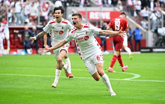 Fussball, Bundesliga, Deutschland, Herren, Saison 2024 2025, 34. Spieltag, Rhein Energie Stadion Köln, 1. FC Köln - FC Kaiserslautern; Jubel Eric Martel (KOE) nach seinem Tor zum 1:0. Jubel, Freude, Aktion.