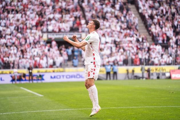 GER, 2. FBL, 1. FC Köln Koel vs 1.FC Kaiserslautern 18.05.2025, RheinEnergieStadion, Köln, GER, 2. FBL, 1. FC Köln Koel vs 1.FC Kaiserslautern im Bild: Torjubel Jubel ueber das Tor zum 1:0 durch Eric Martel (1. FC Köln Koeln, 6) Gestik, Mimik, Emotionen,