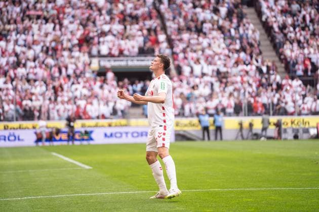GER, 2. FBL, 1. FC Köln Koel vs 1.FC Kaiserslautern 18.05.2025, RheinEnergieStadion, Köln, GER, 2. FBL, 1. FC Köln Koel vs 1.FC Kaiserslautern im Bild: Torjubel Jubel ueber das Tor zum 1:0 durch Eric Martel (1. FC Köln Koeln, 6) Gestik, Mimik, Emotionen,
