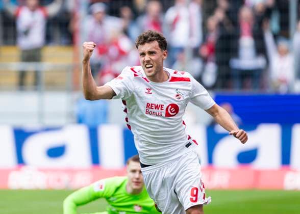 Köln, RheinEnergieStadion, 18.05.2025: Luca Waldschmidt of Koeln celebrates scoring the 2:0 goal during the 2.Bundesliga match 1.FC Köln vs. 1.FC Kaiserslautern.