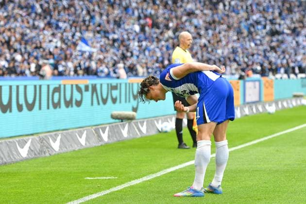 Fussball 2.Bundesliga, Hertha BSC Berlin - Hannover 96 18.05.2025, xdanx, Fussball 2.Bundesliga, Hertha BSC Berlin - Hannover 96 emspor, v.l. Jubel nach dem 1:1 durch Fabian Reese (Hertha BSC) (DFL DFB REGULATIONS PROHIBIT ANY USE OF PHOTOGRAPHS as IMAGE SEQUENCES and or QUASI-VIDEO) Daniel Lakomski Mix1 Berlin Olympiastadion Berlin Deutschland (DEU)