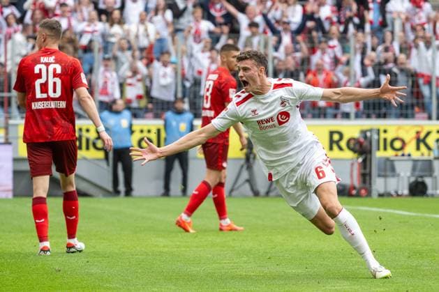 18.05.2025, Fussball: 2. Bundesliga, Saison 2024 2025, 34. Spieltag, 1. FC Koeln - 1. FC Kaiserslautern im RheinEnergieStadion in Koeln. Eric Martel (1. FC Koeln, 06) bejubelt sein Tor zum 1:0. Wichtiger Hinweis: Gemaess den Vorgaben der DFL Deutsche Fussball Liga bzw. des DFB Deutscher Fussball-Bund ist es untersagt, in dem Stadion und oder vom Spiel angefertigte Fotoaufnahmen in Form von Sequenzbildern und oder videoaehnlichen Fotostrecken zu verwerten bzw. verwerten zu lassen. Foto: Kirchner-Media Thomas Haesler