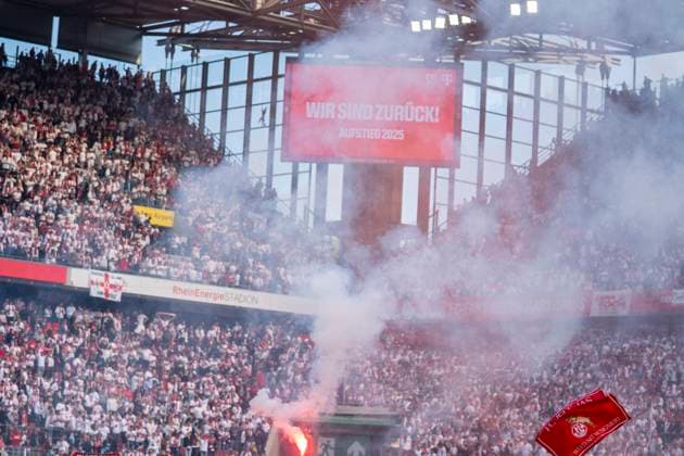 Wir sind zurück auf der Anzeigetafel 18.05.2025, 1. FC Köln - 1. FC Kaiserslautern Fussball, 2. Bundesliga, RheinEnergieStadion Köln DFL regulations prohibit any use of photographs as image sequences and or quasi-video.