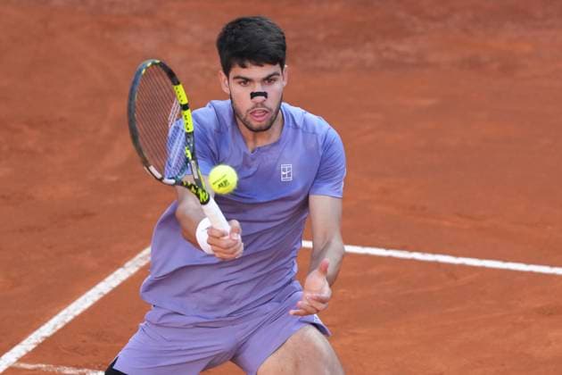 Carlos Alcaraz of Spain reacts during the men final of the Internazionali BNL d Italia 2025 tennis tournament against Jannik Sinner of Italy at Foro Italico in Rome, Italy on May 18, 2025. AntoniettaxBaldassarre