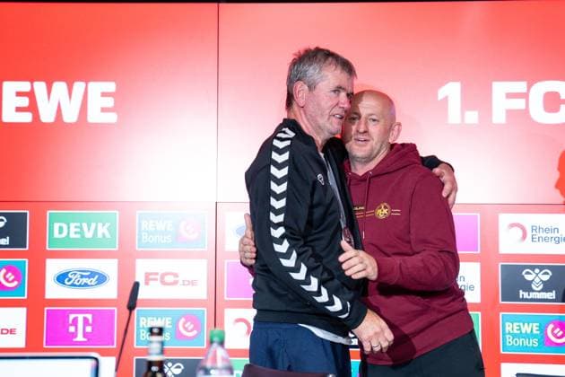 18.05.2025, Fussball, 2. Bundesliga, 34. Spieltag Saison 2024 2025, 1. FC Köln - 1. FC Kaiserslautern, Pressekonferenz nach dem Spiel: Trainer Friedhelm Funkel (1. FC Köln), Trainer Torsten Lieberknecht (1. FC Kaiserslautern) xRHR-FOTO TKx