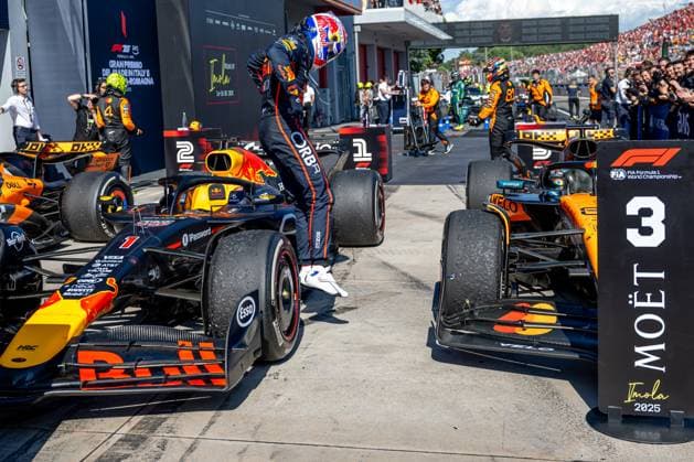IMOLA, ITALY: Max Verstappen, racing for the Red Bull Racing team during the 2025 Formula 1 Emilia Romagna Grand Prix at the Imola Circuit in Imola, Italy