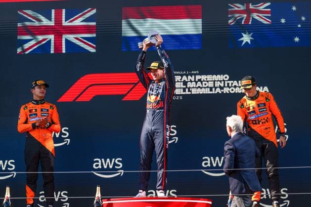 May 18, 2025, Imola, Italy: Oracle Red Bull Racing F1 Team s Dutch driver Max Verstappen celebrates the win of the Formula 1 Made in Italy and Emilia Romagna Grand Prix at the Autodromo Enzo e Dino Ferrari of Imola. Imola Italy - ZUMAs197 20250518_aaa_s197_208 Copyright: xLucaxMartinix