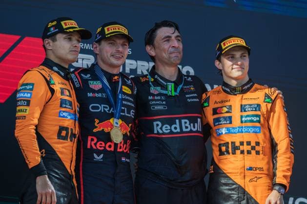 May 18, 2025, Imola, Italy: Max Verstappen, Lando Norris and Oscar Pastri on the podium during the Formula One Emilia Romagna Grand Prix. Imola Italy - ZUMAs197 20250518_aaa_s197_332 Copyright: xJayxHiranox